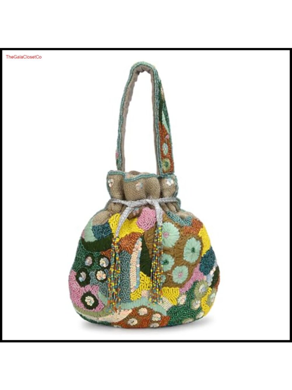 Beaded Potli Bag Floral Embroidered Jute Drawstring Drawstring Evening Handbag